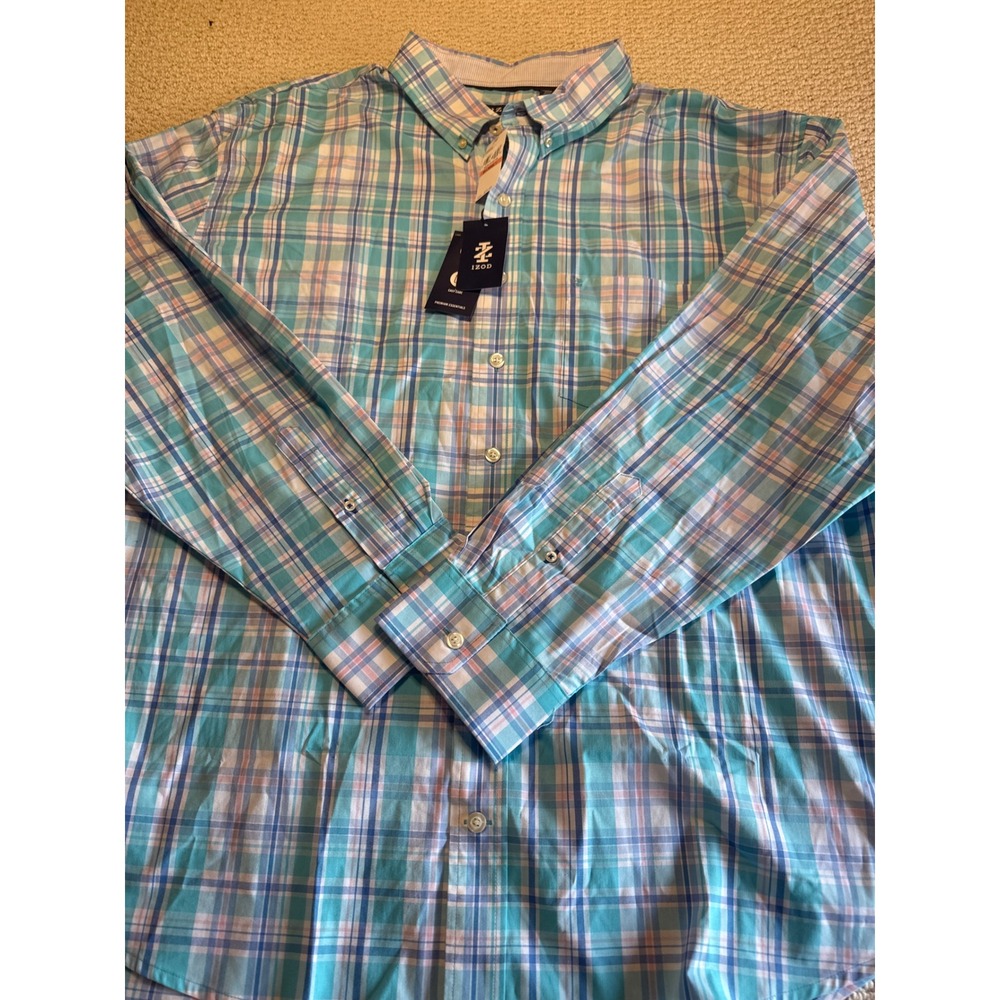 IZOD Plaid Button Down Shirt Bachelor Button Blue Turquoise 3XLT Tall Easy Care